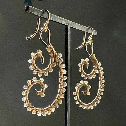 Hand-Hammered Paisley Spiral Dangles: Grey Moonstoon