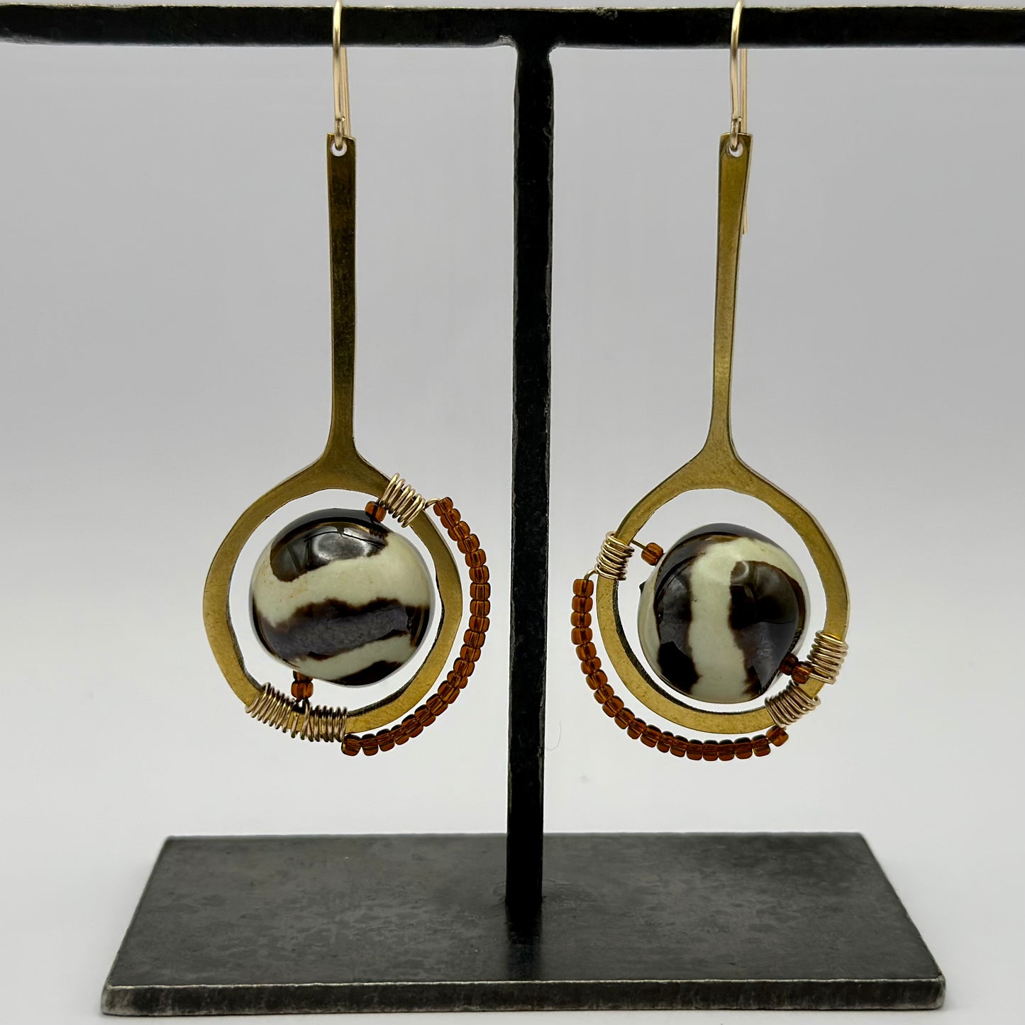 Kenyan Clay Bead Earrings: brass with zebra striped beads