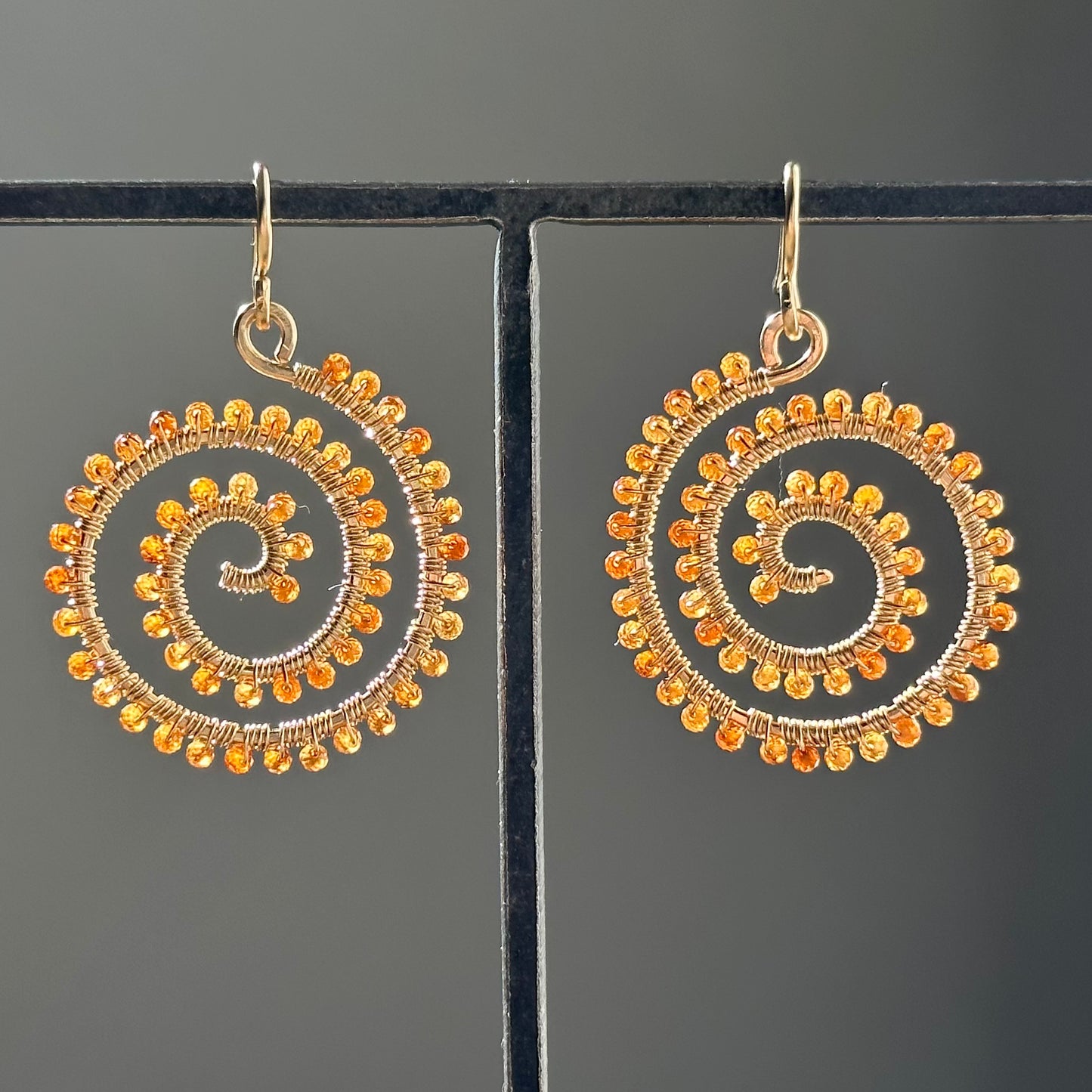 Hand-Hammered Large Spiral Dangles: Hessonite (Orange Garnet)