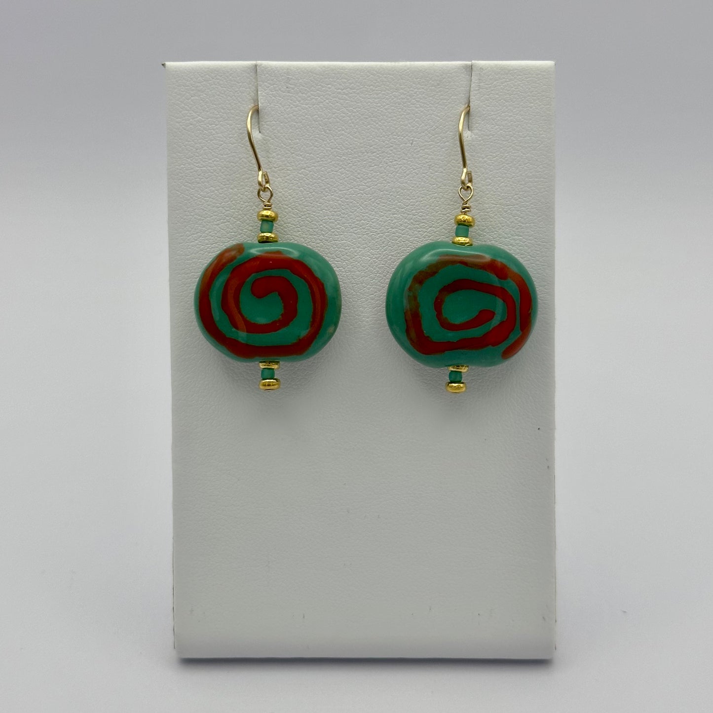 Kenyan Clay Bead Earrings: turquoise and orange spirals