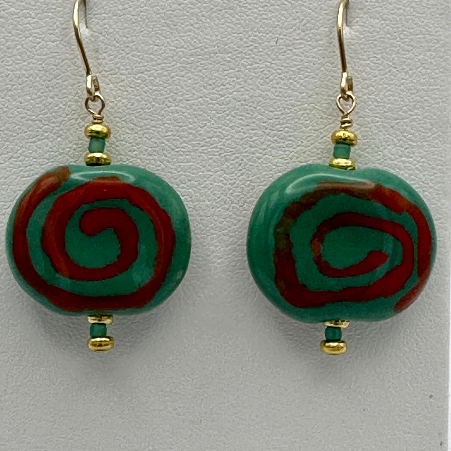 Kenyan Clay Bead Earrings: turquoise and orange spirals