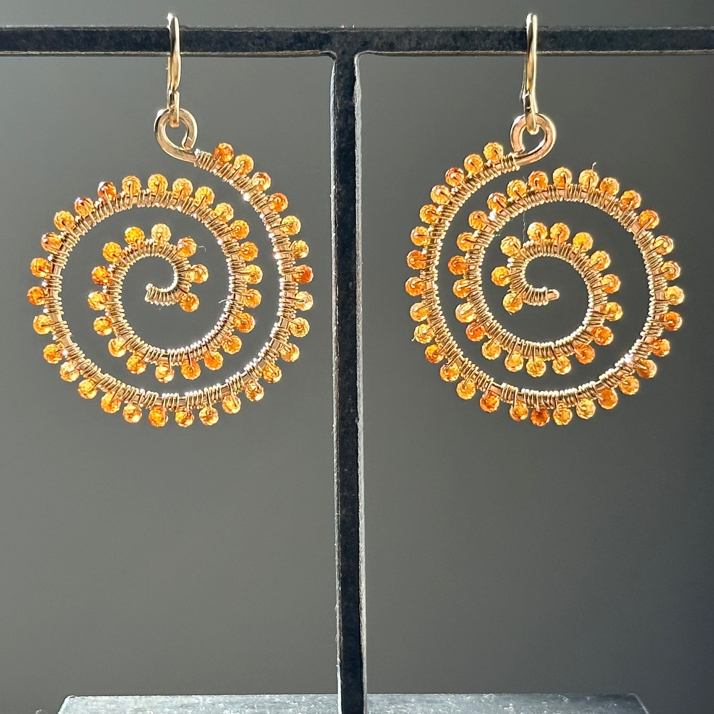 Hand-Hammered Large Spiral Dangles: Hessonite (Orange Garnet)