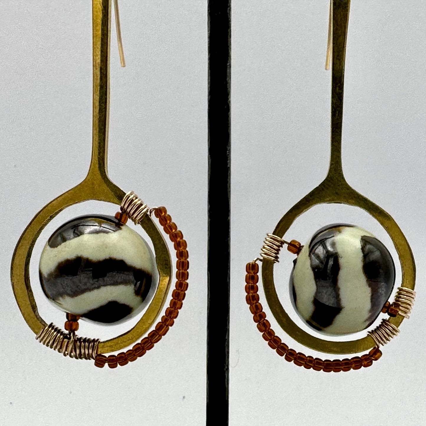 Kenyan Clay Bead Earrings: brass with zebra striped beads